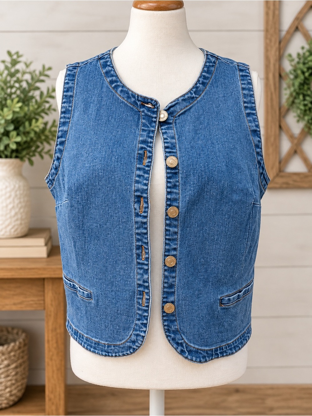 Nine West Blue Denim Button-Front Camisole Vest